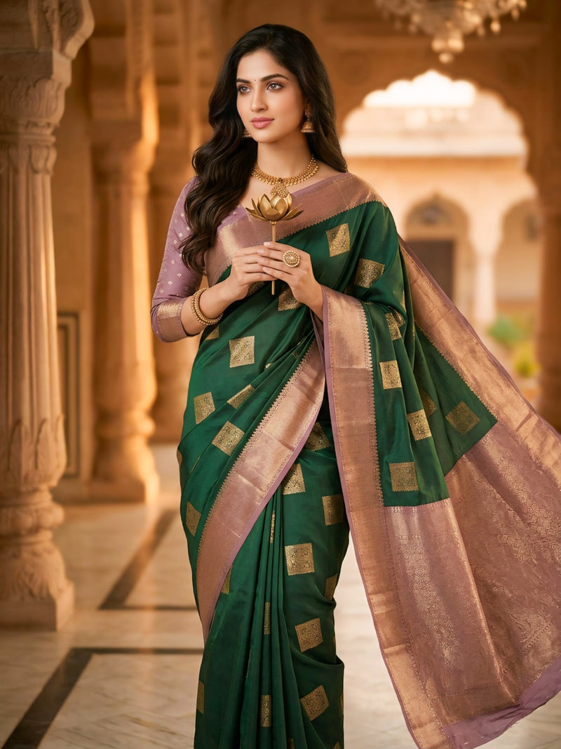 Emerald Green Square Zari Motifs Silk Saree