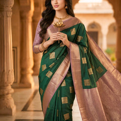 Emerald Green Square Zari Motifs Silk Saree