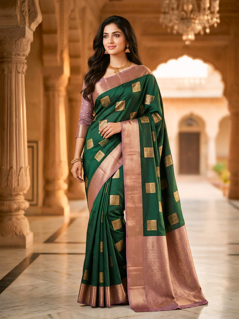 Emerald Green Square Zari Motifs Silk Saree