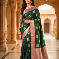 Emerald Green Square Zari Motifs Silk Saree