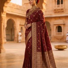 Maroon Banarasi Silk Saree with Golden Zari Woven Border & Pallu for Women