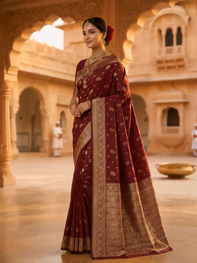 Maroon Banarasi Silk Saree with Golden Zari Woven Border & Pallu for Women