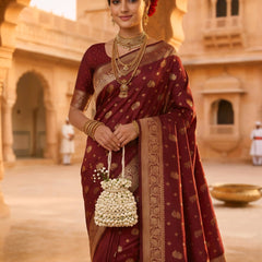 Maroon Banarasi Silk Saree with Golden Zari Woven Border & Pallu for Women