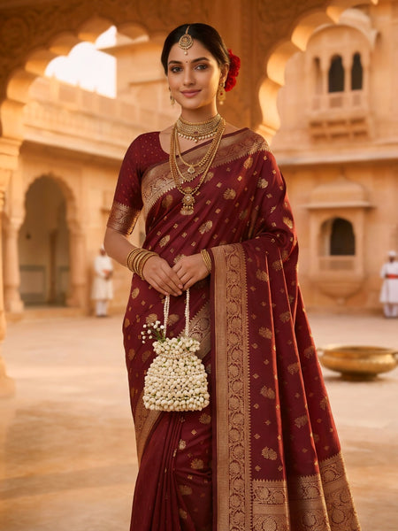 Maroon Banarasi Silk Saree with Golden Zari Woven Border & Pallu for Women