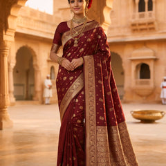 Maroon Banarasi Silk Saree with Golden Zari Woven Border & Pallu for Women