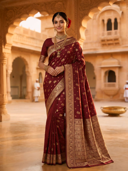 Maroon Banarasi Silk Saree with Golden Zari Woven Border & Pallu for Women