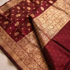 Maroon Banarasi Silk Saree with Golden Zari Woven Border & Pallu for Women