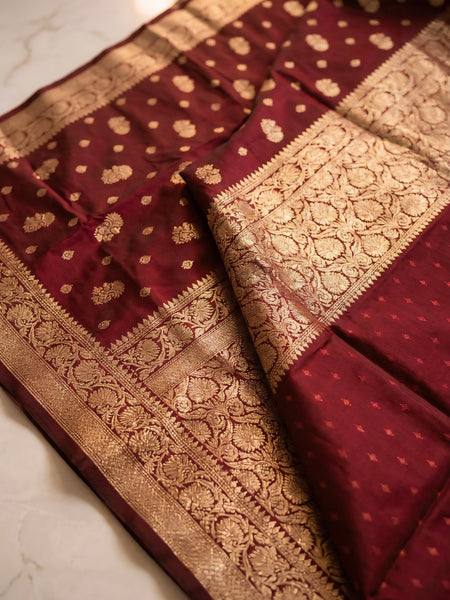 Maroon Banarasi Silk Saree with Golden Zari Woven Border & Pallu for Women