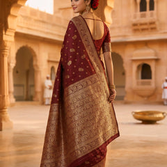 Maroon Banarasi Silk Saree with Golden Zari Woven Border & Pallu for Women