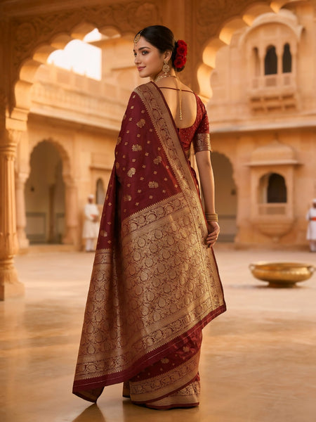Maroon Banarasi Silk Saree with Golden Zari Woven Border & Pallu for Women