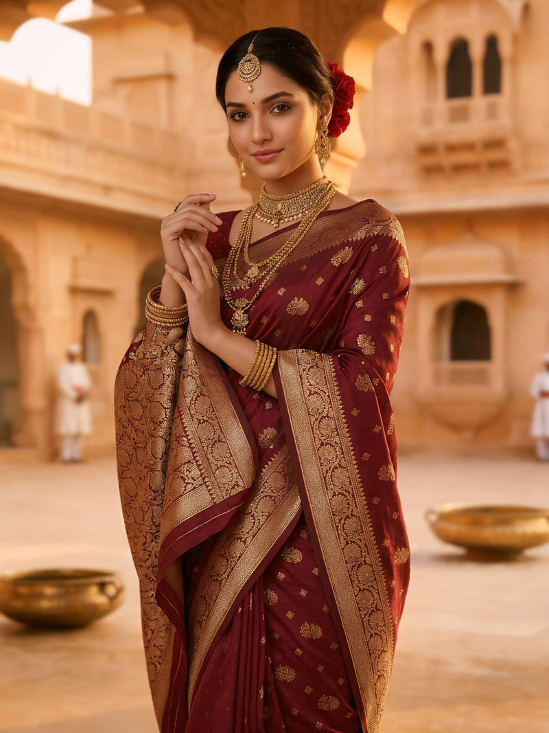 Maroon Banarasi Silk Saree with Golden Zari Woven Border & Pallu for Women