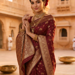 Maroon Banarasi Silk Saree with Golden Zari Woven Border & Pallu for Women