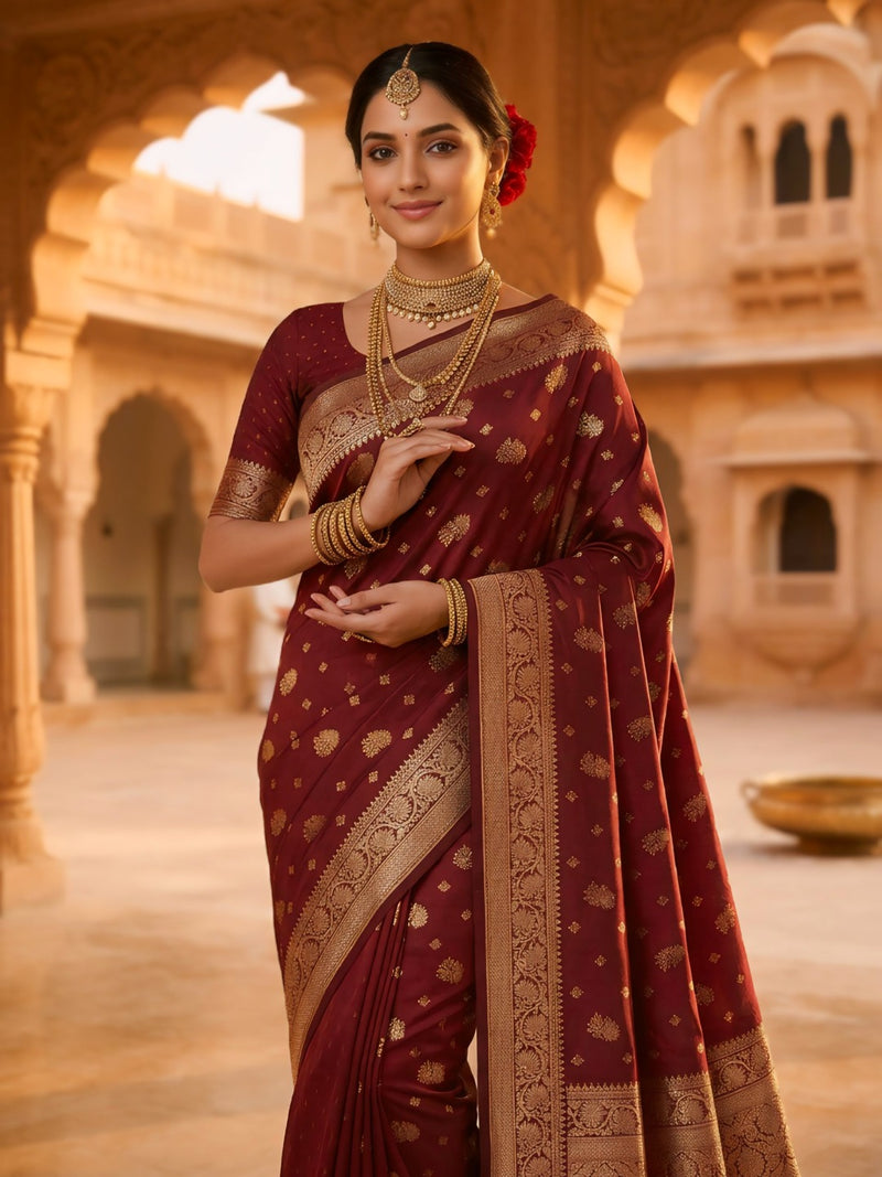 Maroon Banarasi Silk Saree with Golden Zari Woven Border & Pallu for Women