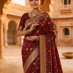 Maroon Banarasi Silk Saree with Golden Zari Woven Border & Pallu for Women