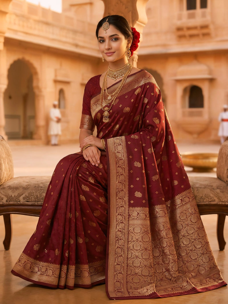 Maroon Banarasi Silk Saree with Golden Zari Woven Border & Pallu for Women