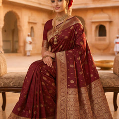 Maroon Banarasi Silk Saree with Golden Zari Woven Border & Pallu for Women