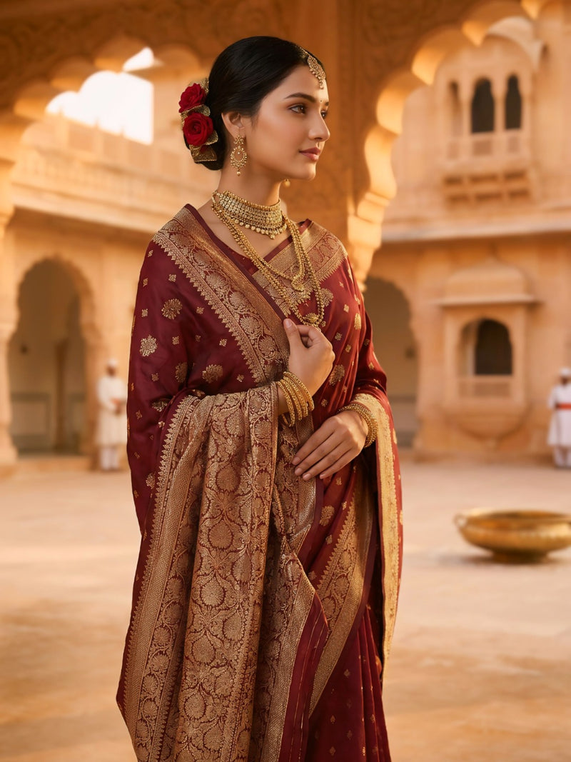 Maroon Banarasi Silk Saree with Golden Zari Woven Border & Pallu for Women