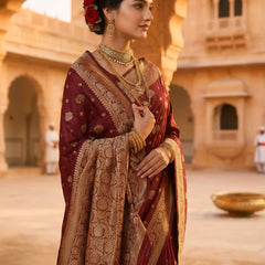 Maroon Banarasi Silk Saree with Golden Zari Woven Border & Pallu for Women