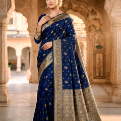 Royal Blue Banarasi Silk Saree with Golden Zari Woven Border & Rich Pallu for Women