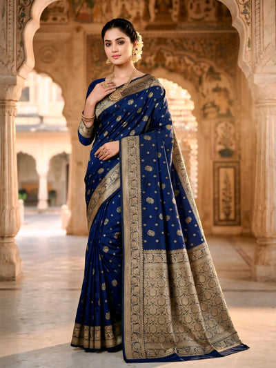 Royal Blue Banarasi Silk Saree with Golden Zari Woven Border & Rich Pallu for Women