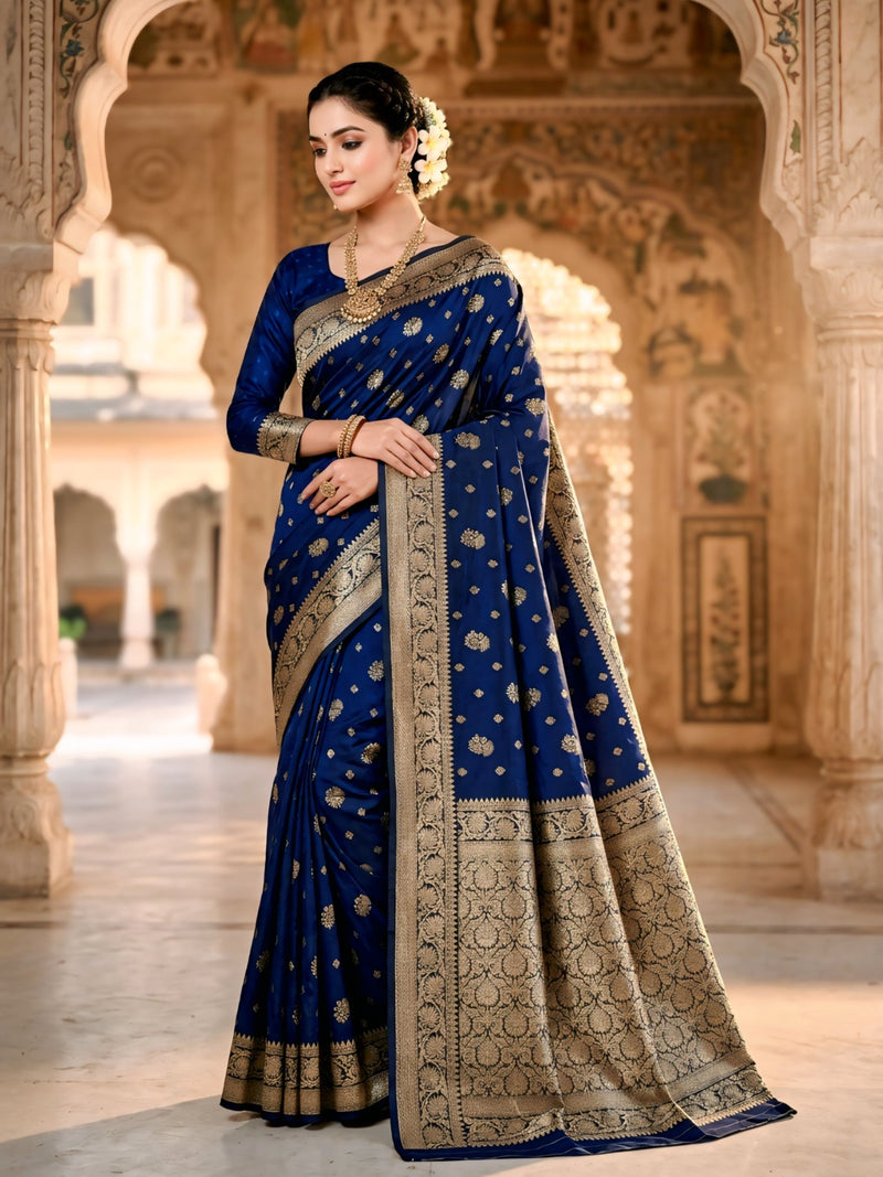Royal Blue Banarasi Silk Saree with Golden Zari Woven Border & Rich Pallu for Women