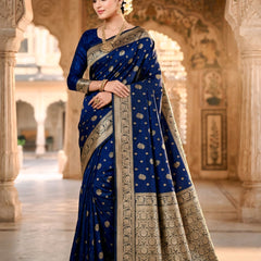 Royal Blue Banarasi Silk Saree with Golden Zari Woven Border & Rich Pallu for Women