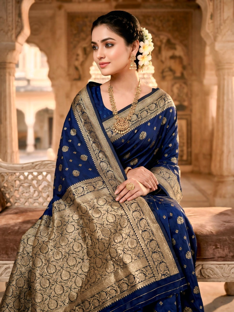 Royal Blue Banarasi Silk Saree with Golden Zari Woven Border & Rich Pallu for Women