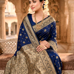 Royal Blue Banarasi Silk Saree with Golden Zari Woven Border & Rich Pallu for Women