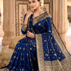 Royal Blue Banarasi Silk Saree with Golden Zari Woven Border & Rich Pallu for Women