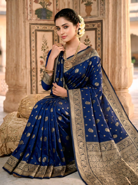 Royal Blue Banarasi Silk Saree with Golden Zari Woven Border & Rich Pallu for Women