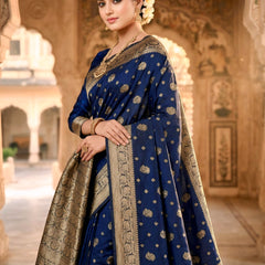 Royal Blue Banarasi Silk Saree with Golden Zari Woven Border & Rich Pallu for Women
