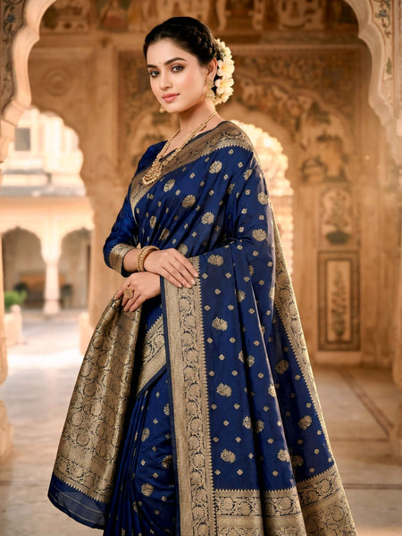 Royal Blue Banarasi Silk Saree with Golden Zari Woven Border & Rich Pallu for Women