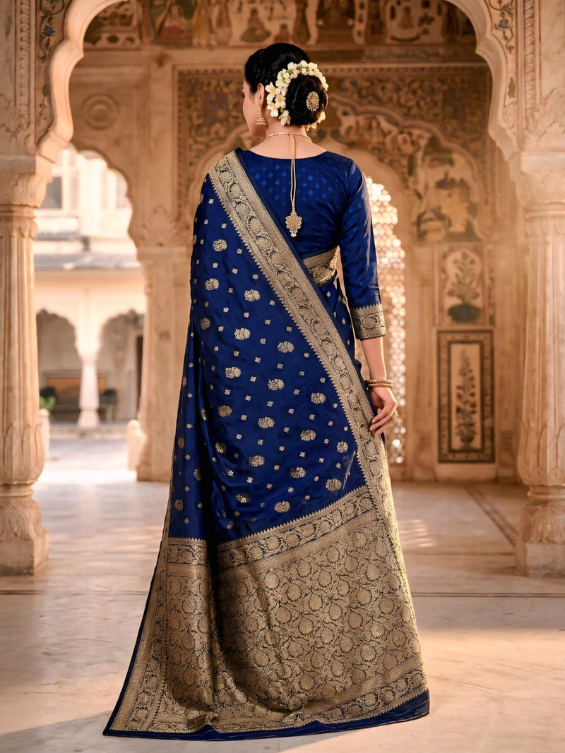 Royal Blue Banarasi Silk Saree with Golden Zari Woven Border & Rich Pallu for Women