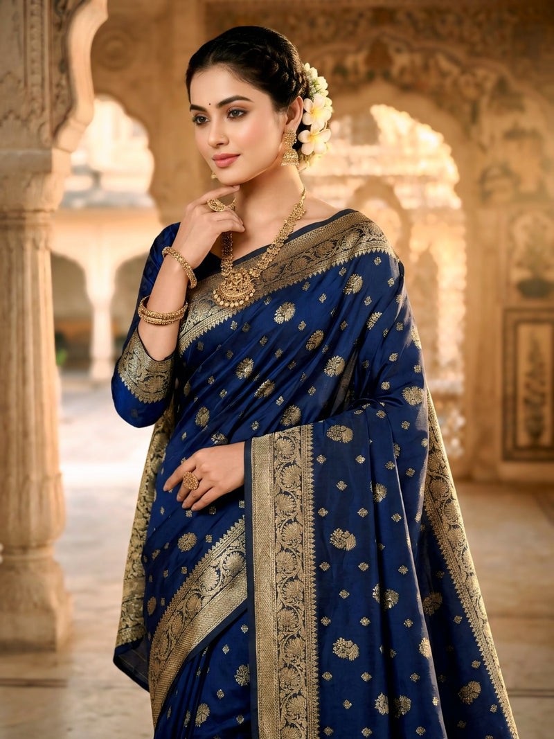 Royal Blue Banarasi Silk Saree with Golden Zari Woven Border & Rich Pallu for Women
