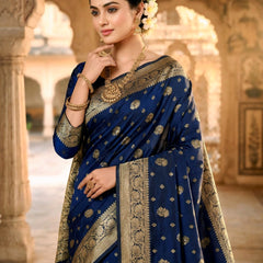 Royal Blue Banarasi Silk Saree with Golden Zari Woven Border & Rich Pallu for Women