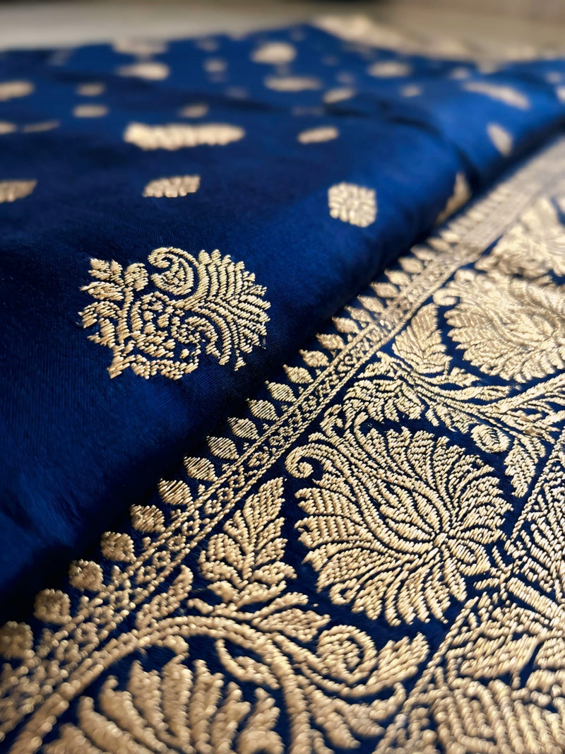 Royal Blue Banarasi Silk Saree with Golden Zari Woven Border & Rich Pallu for Women