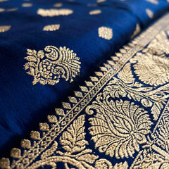 Royal Blue Banarasi Silk Saree with Golden Zari Woven Border & Rich Pallu for Women