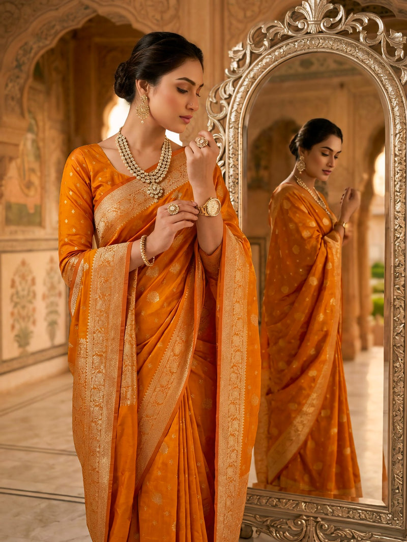 Orange Banarasi Silk Saree with Zari Butti & Designer Border
