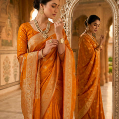 Orange Banarasi Silk Saree with Zari Butti & Designer Border