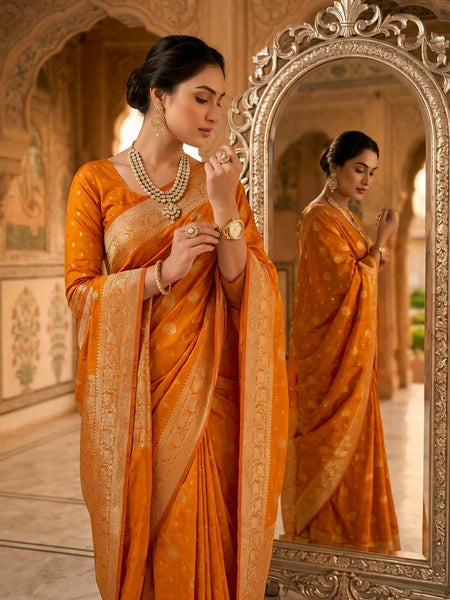 Orange Banarasi Silk Saree with Zari Butti & Designer Border