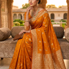 Orange Banarasi Silk Saree with Zari Butti & Designer Border