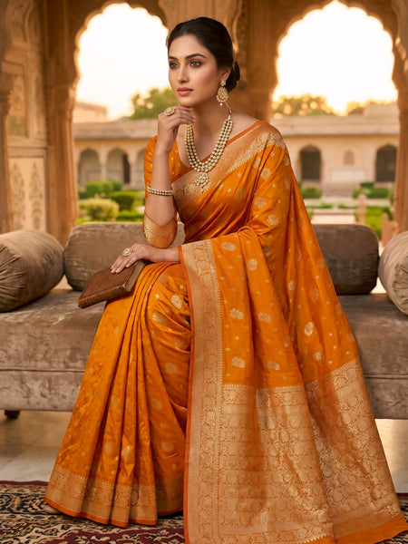 Orange Banarasi Silk Saree with Zari Butti & Designer Border