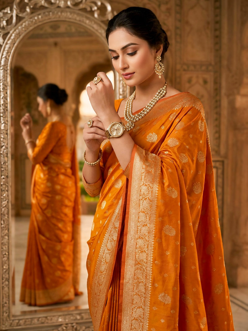 Orange Banarasi Silk Saree with Zari Butti & Designer Border