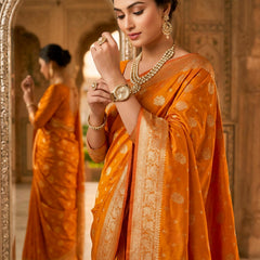 Orange Banarasi Silk Saree with Zari Butti & Designer Border