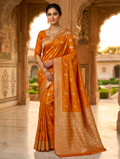 Orange Banarasi Silk Saree with Zari Butti & Designer Border