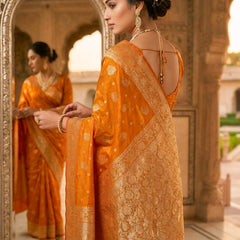 Orange Banarasi Silk Saree with Zari Butti & Designer Border