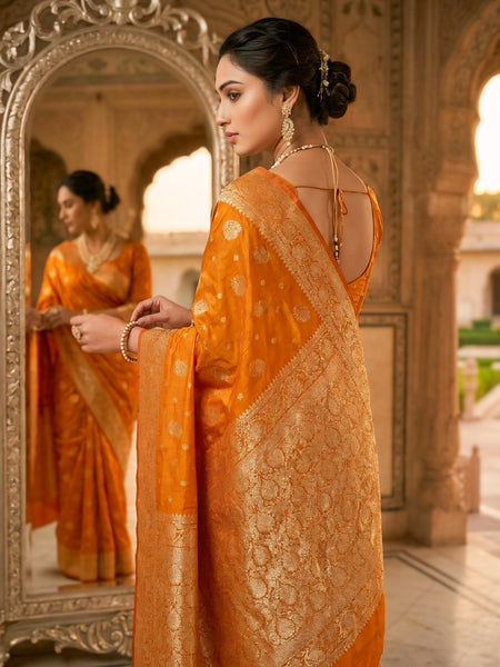 Orange Banarasi Silk Saree with Zari Butti & Designer Border