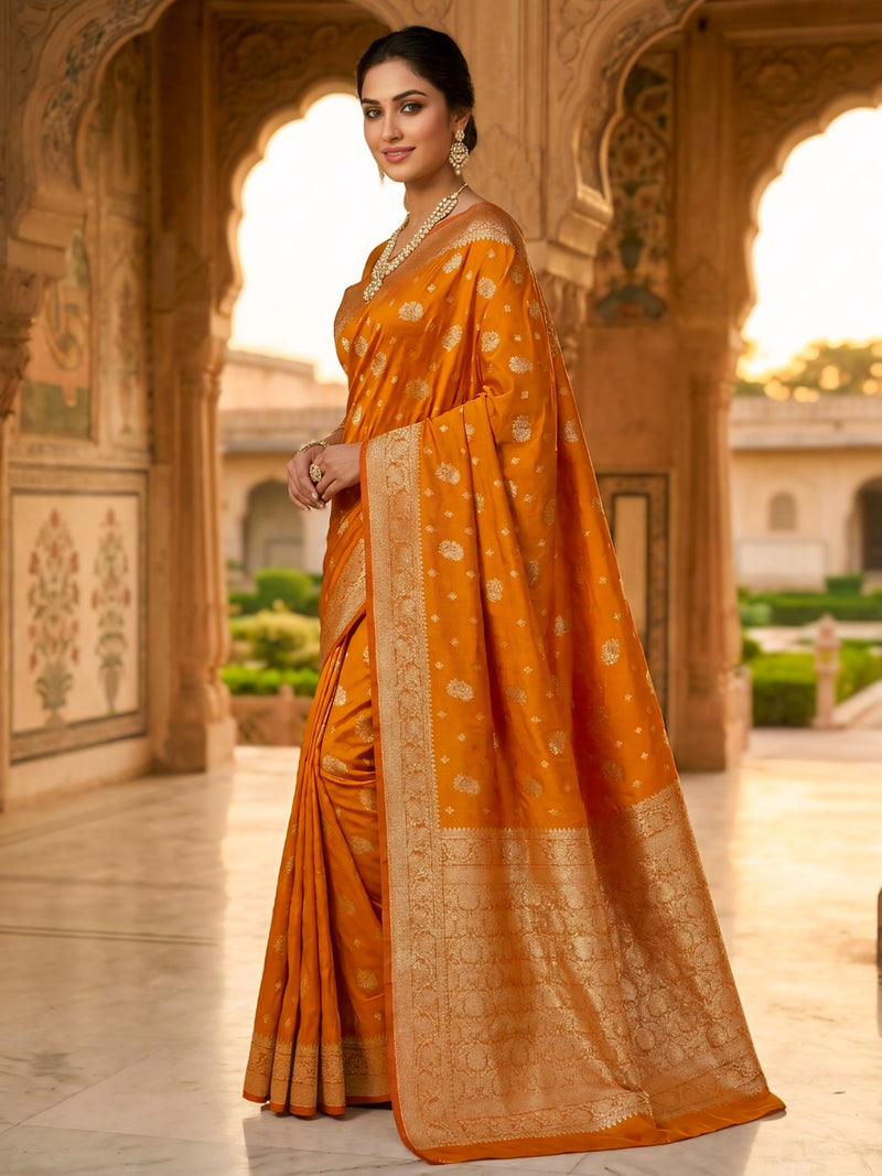 Orange Banarasi Silk Saree with Zari Butti & Designer Border