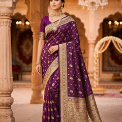 Purple Banarasi Silk Saree with Golden Zari Woven Border & Rich Pallu for Women