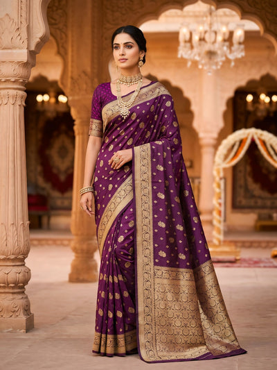 Wine Banarasi Silk Saree with Golden Zari Woven Border & Rich Pallu for Women